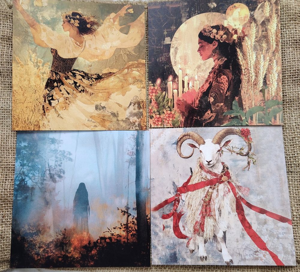 Vuodenpyörä 2026 juhlakortit 8 kpl setti, tässä Lammas, Mabon, Samhain ja Yule